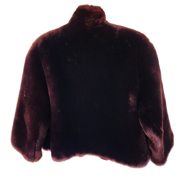 Vintage Faux Beaver Cropped Jacket Burgundy Brown Sz S Mob Wife - Picture 12 of 14